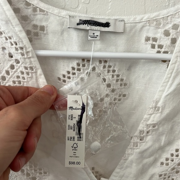 NWT Madewell Linen White Short Sleeve Eyelet Flutter Button Down Top Small - Picture 3 of 7